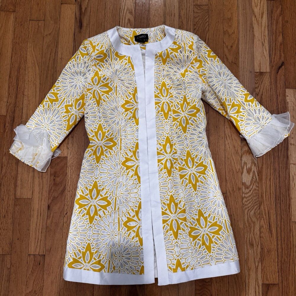 Size 12 Ashro Formal yellow white abstract Church Party Long Jacket Duster